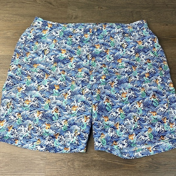 Peter Millar Men’s Blue Green Mermaid Print Swim Trunk Gemma, size Large - Picture 1 of 8